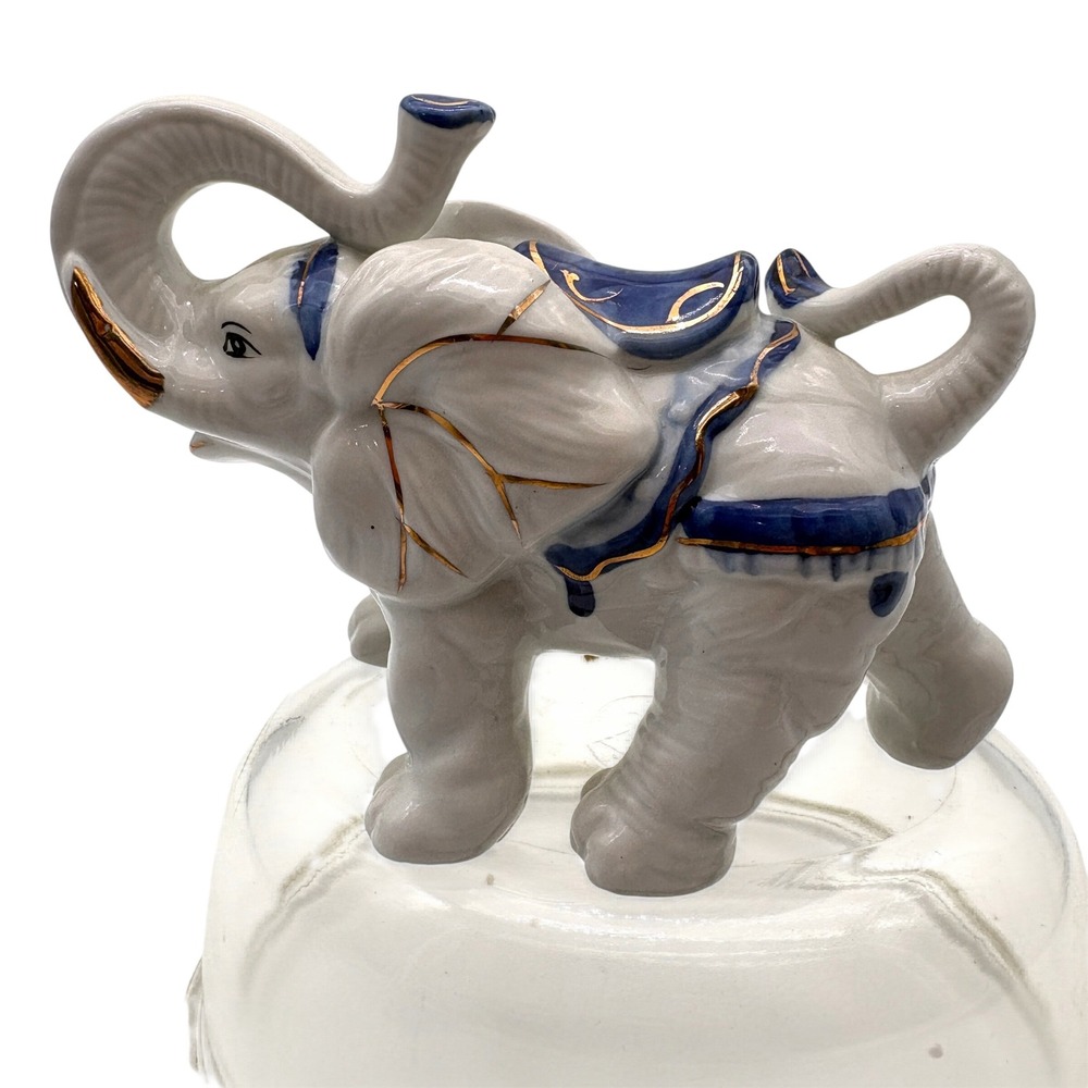Vintage Chinese Lucky Circus Elephant Figurine Gold Trim Trunk Up Lucky Decor